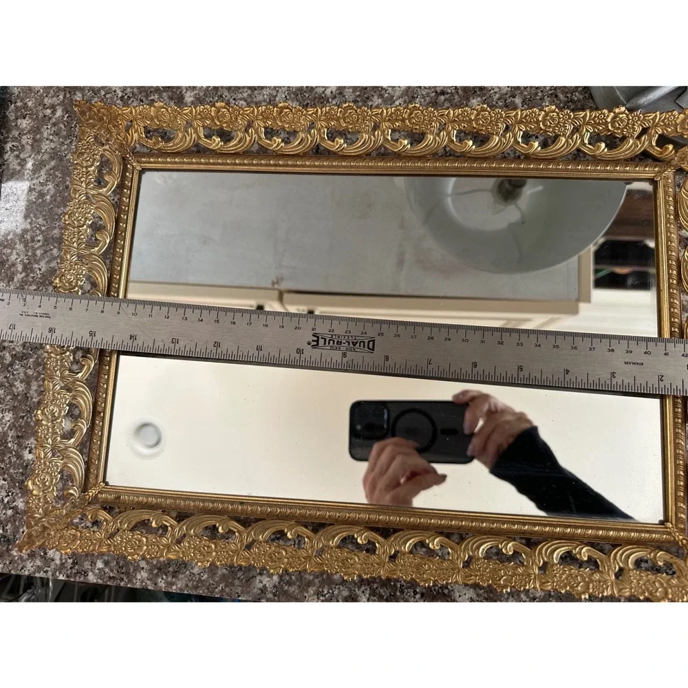 Vintage Ornate Gold Mirrored Vanity Tray Floral Filigree Hollywood Regency 17x11